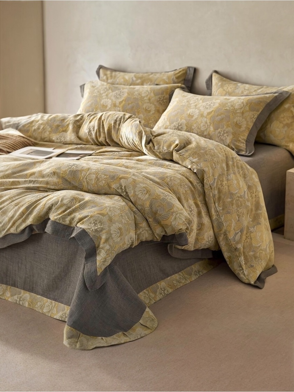NEW Anthro Yellow Floral Jacquard Queen / King Cotton Bedding Duvet & Sham Set